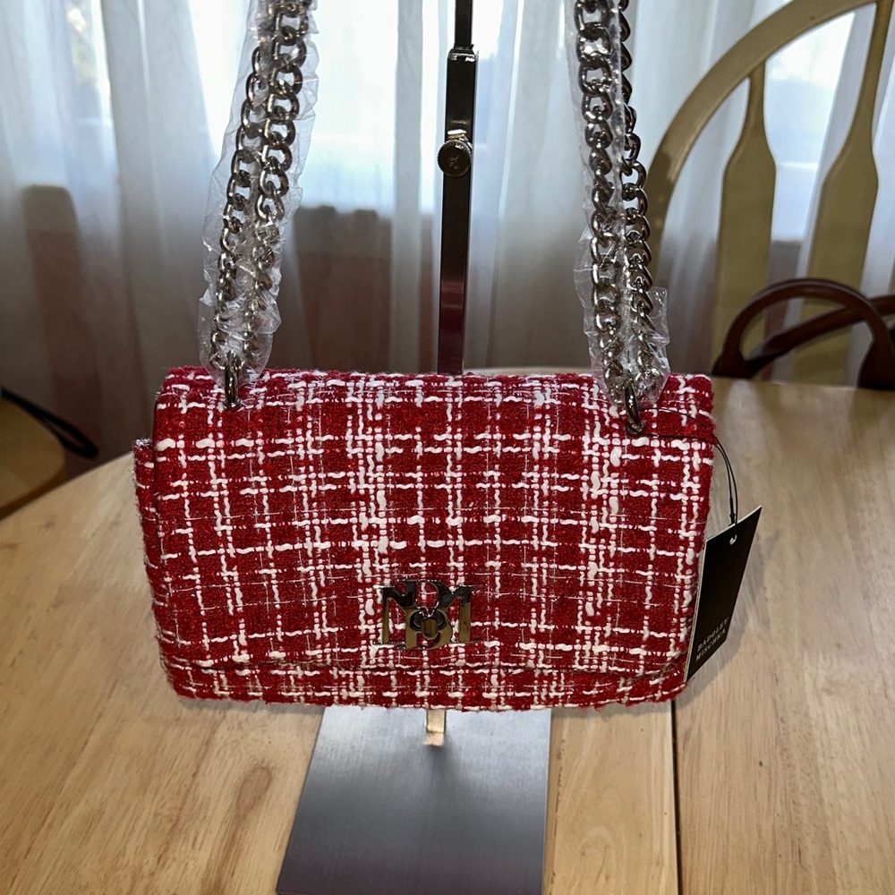 Badgley Mischka Red Tweed Chain Shoulder Bag